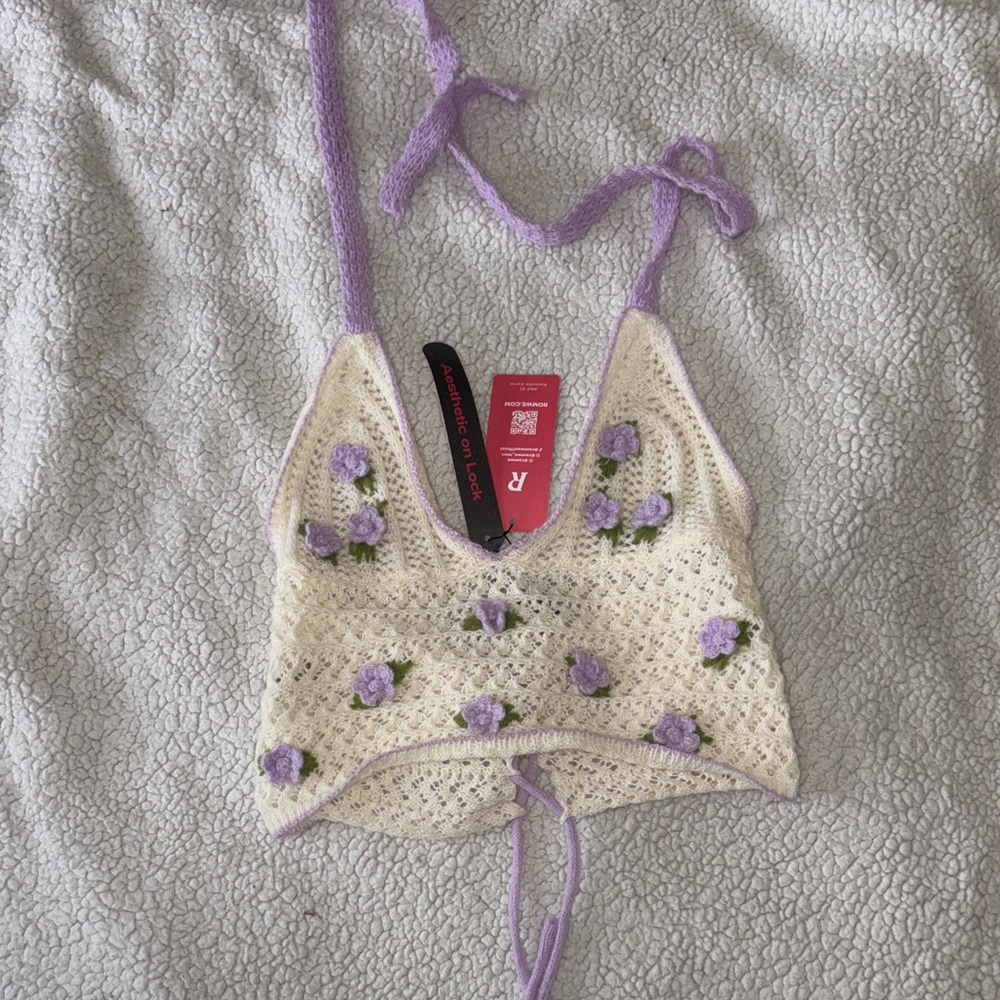 ROMWE Cream Crochet Top with Purple Floral Design